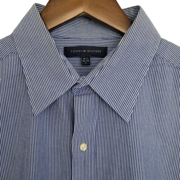 Tommy Hilfiger Blue Striped Button-Up Shirt Mens Size L 16 1/2 (32-33) - Picture 3 of 6